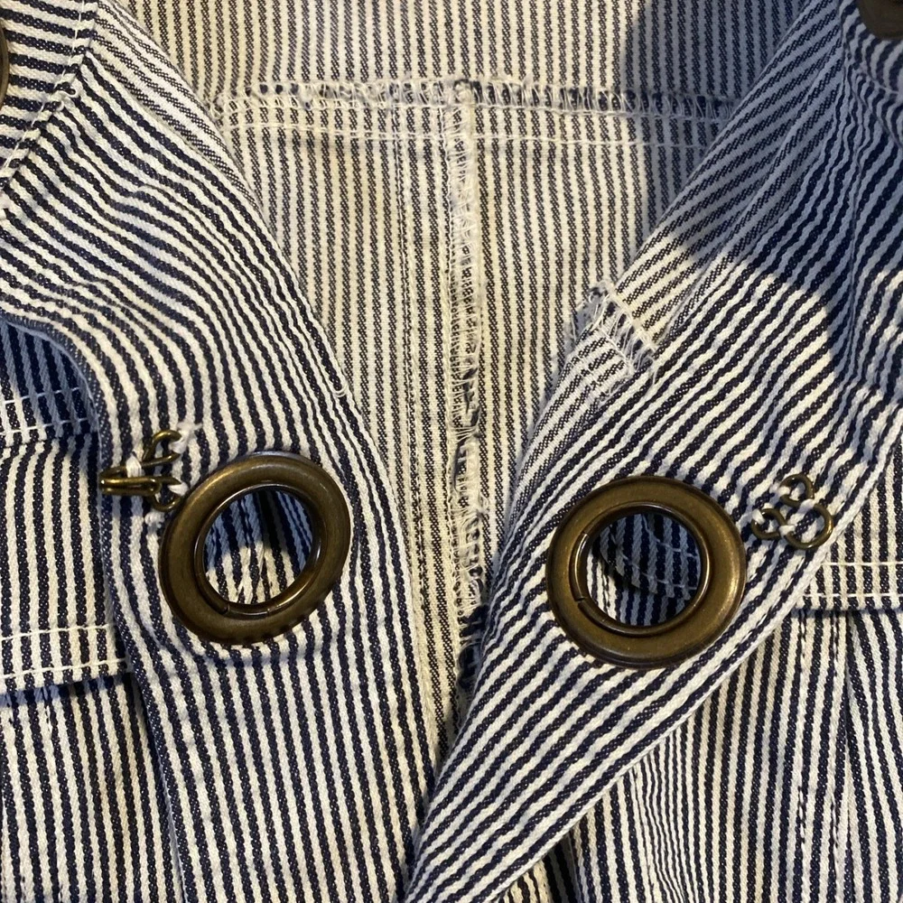 Womens Jacket Sz 1X Blue White Stripes Band Collar  Coastal Beach Preppy Cottage